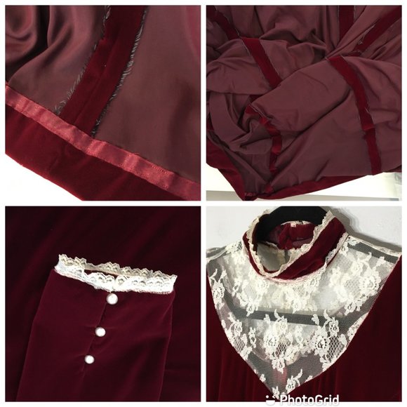 Vintage 60s 70s Victorian Velvet Maroon Maxi Dress, High Lace Neck, Steampunk - Picture 2 of 11